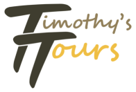 Set against a black background, the Timothy's Tours logo appears in handwritten script with dark olive and gold lettering for the travel brand.